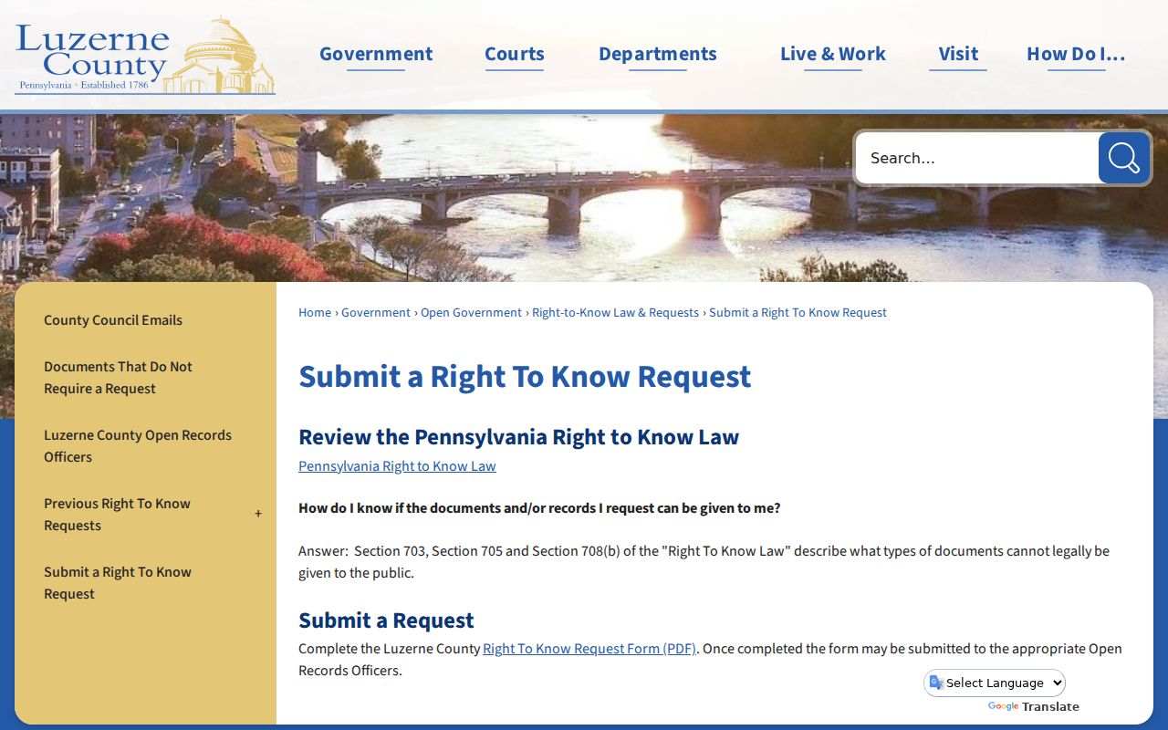 Luzerne County records request procedure for criminal court related records