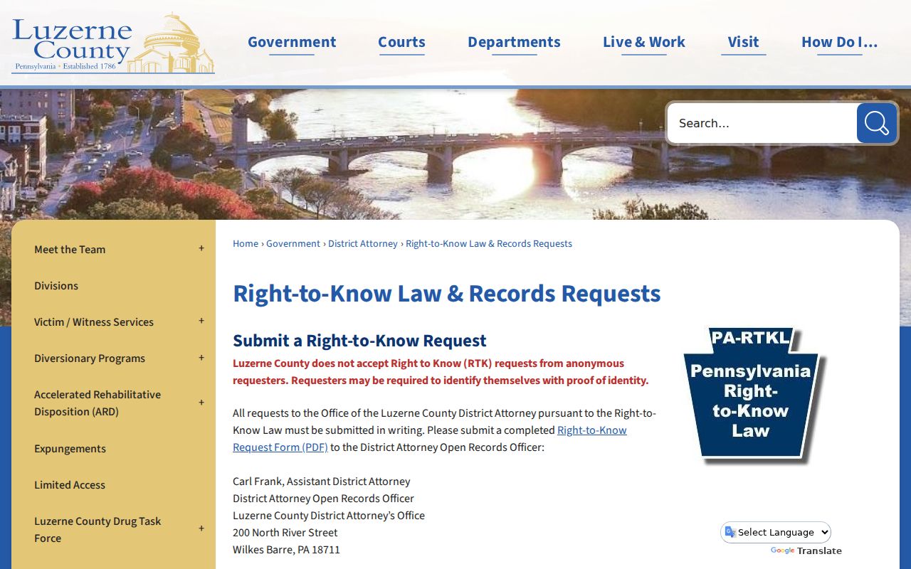Luzerne County District Attorney criminal case records request information