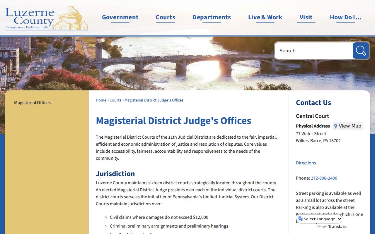 Luzerne County criminal court case directory for sixteen district courts