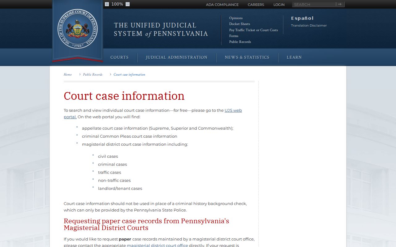 Pennsylvania public access explanation for Luzerne County criminal court cases
