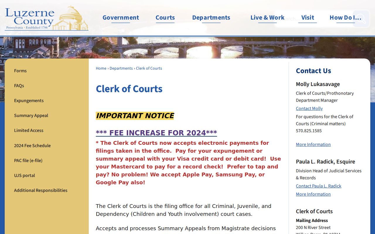 Luzerne County Clerk of Courts criminal filing office contact page