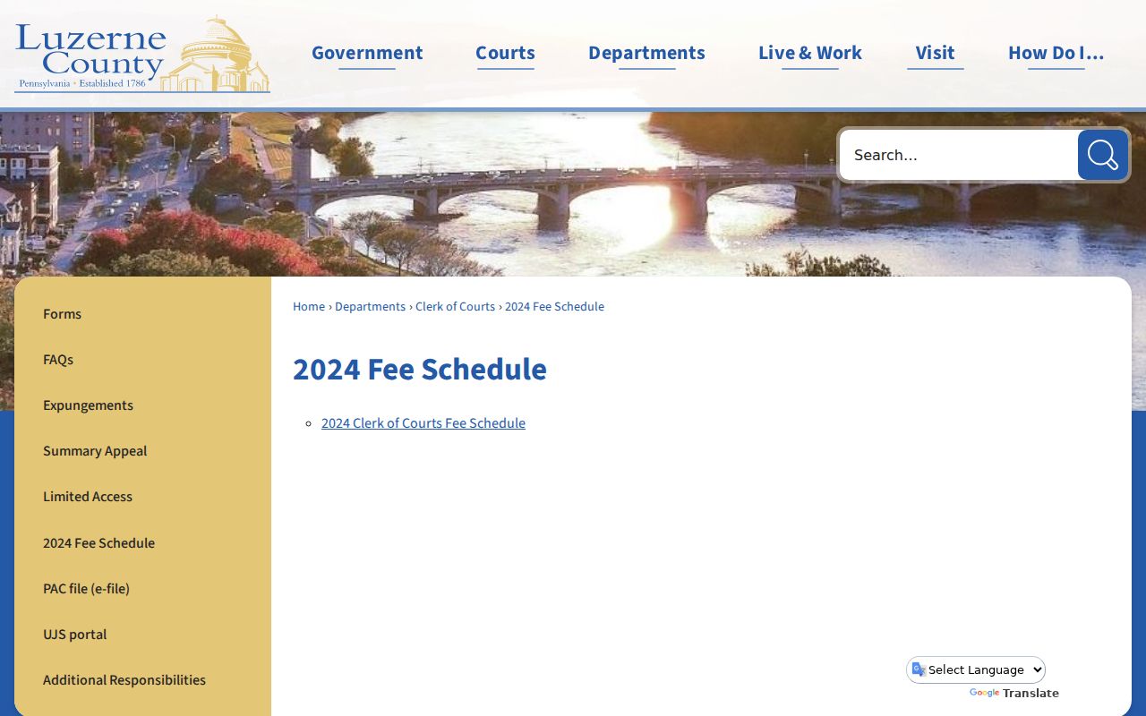 Luzerne County Clerk of Courts current fee schedule page
