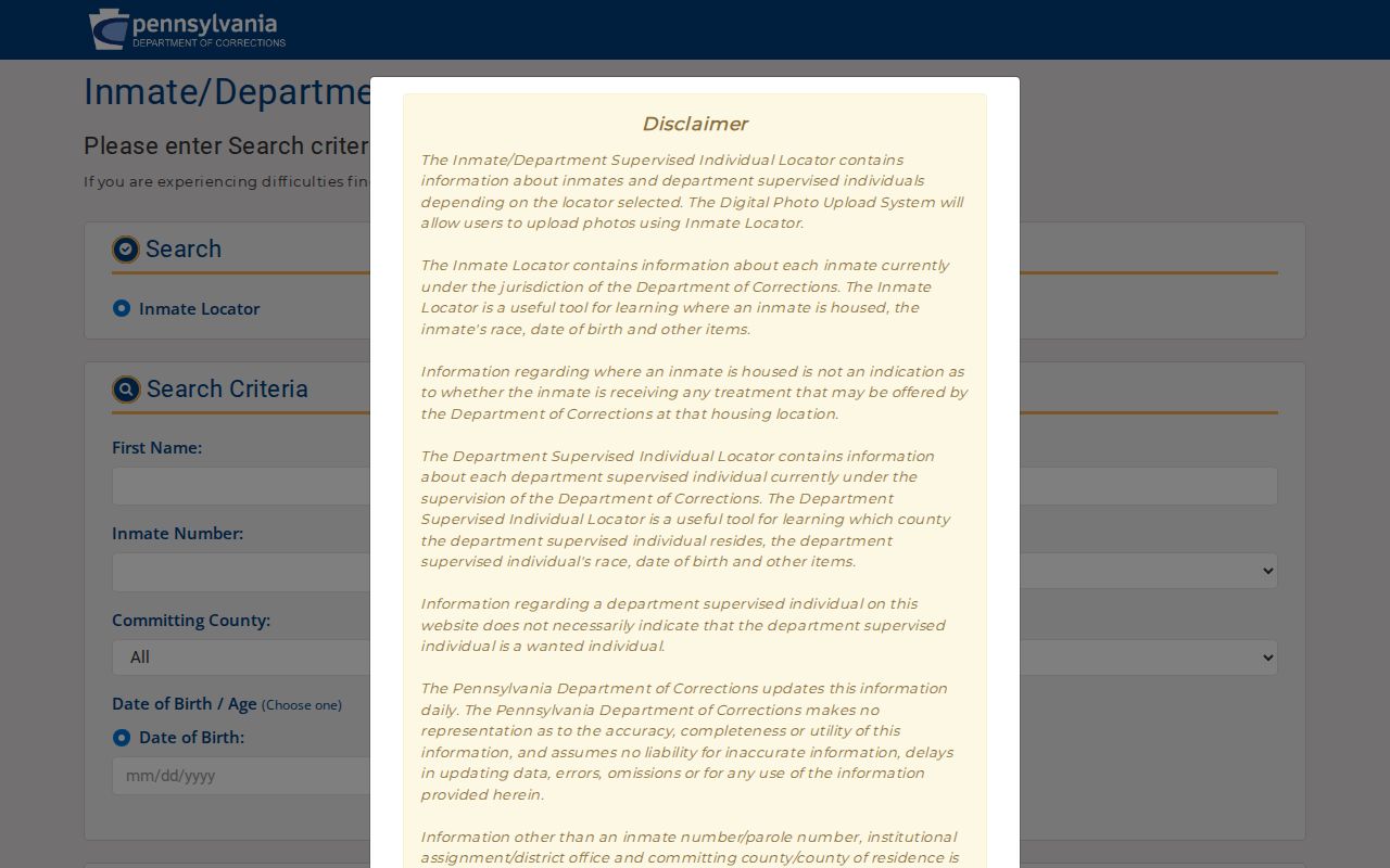 Pennsylvania Department of Corrections inmate and parolee locator