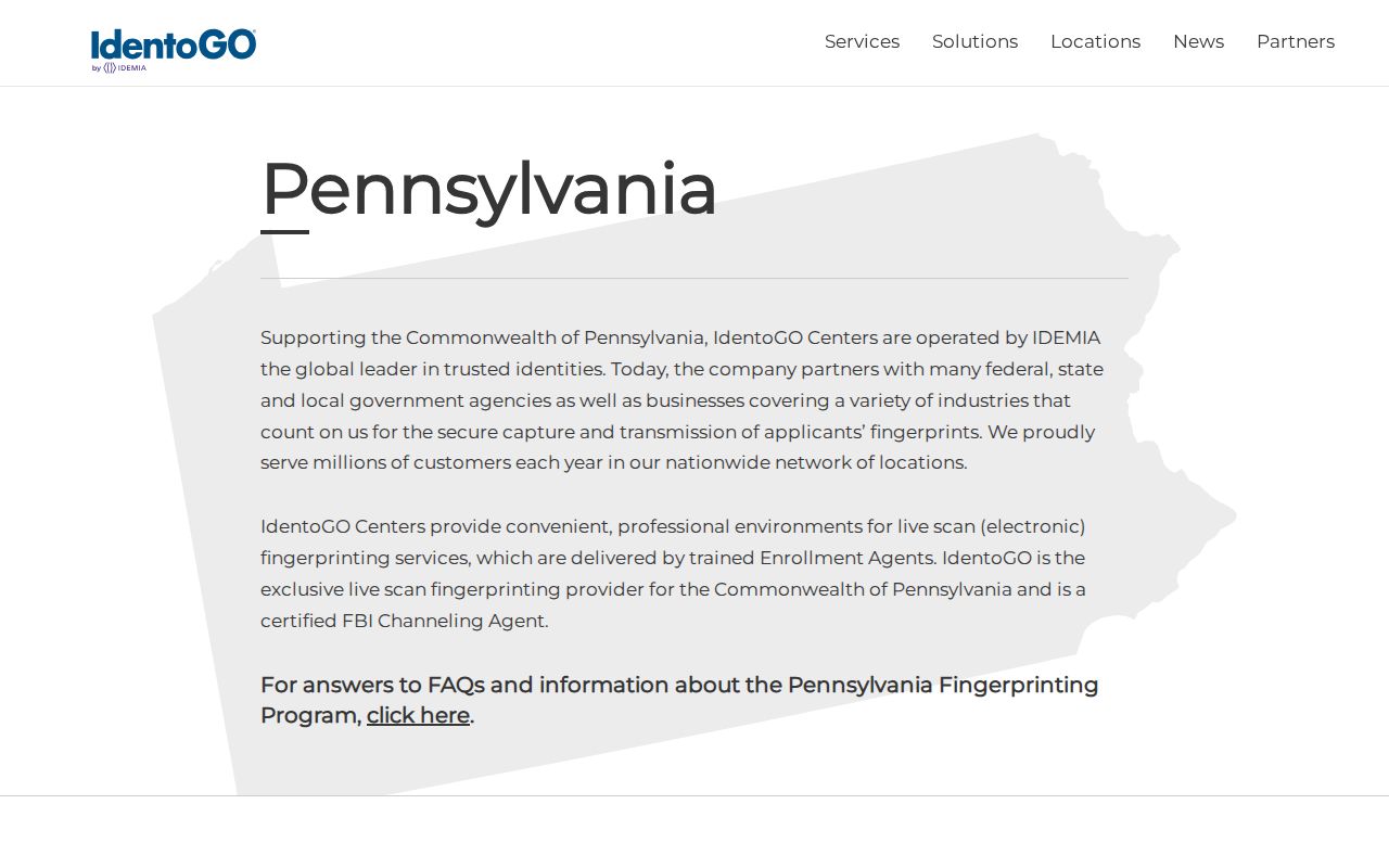 IdentoGO Pennsylvania fingerprint enrollment location finder