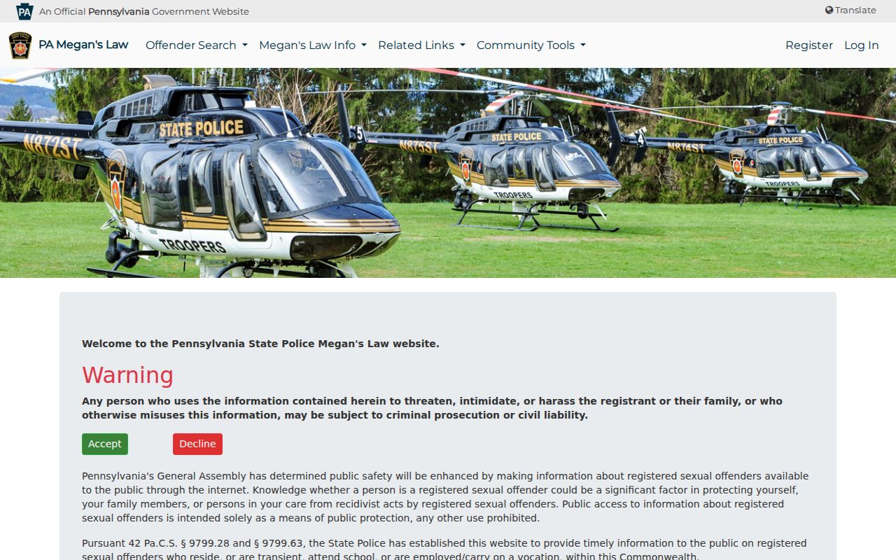 Pennsylvania State Police Megan's Law county search for Luzerne County