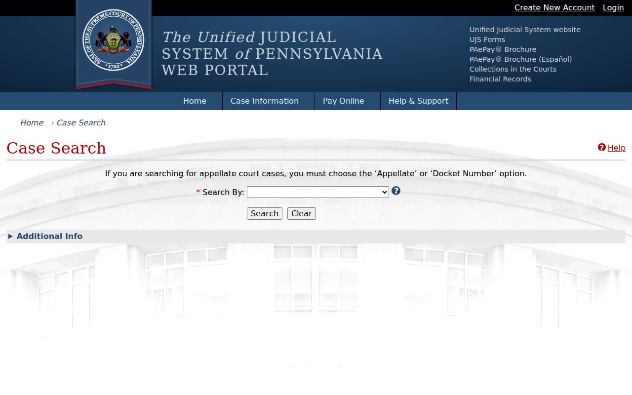 Unified Judicial System Pennsylvania case search screen for Luzerne County court records